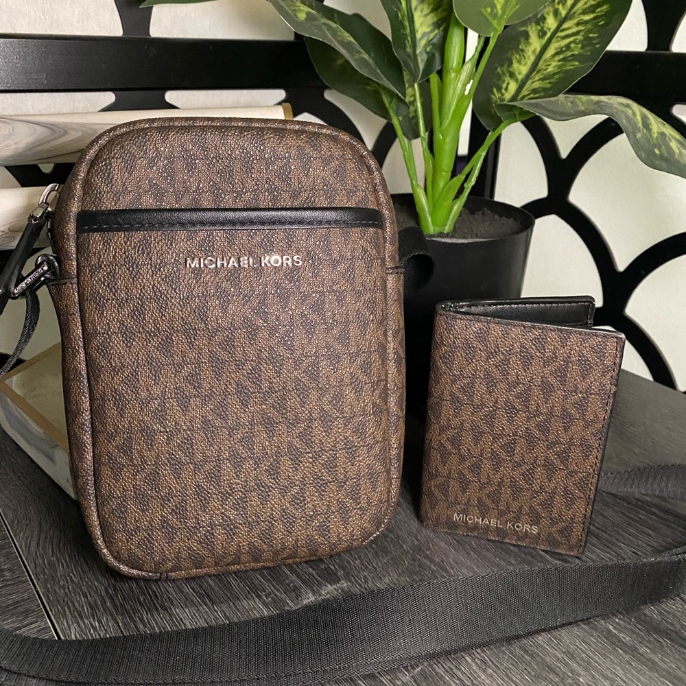 Michael Kors Crossbody Bag  With Card Wallet- Brown Monogram